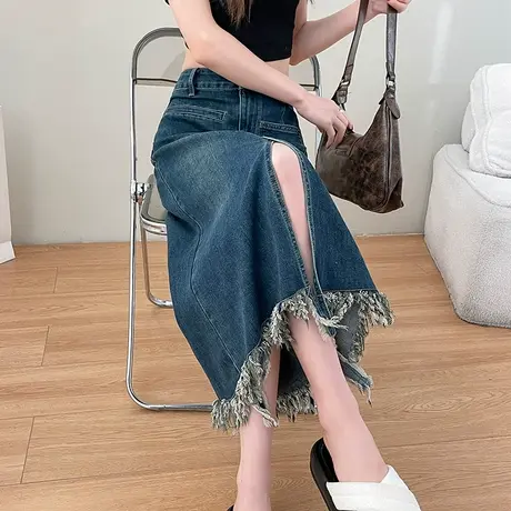 高腰复古开叉牛仔半身裙女春夏2024新款小个子a字流苏包臀中长裙图片
