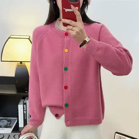 小清新甜美减龄针织开衫女外搭春装新款圆领温柔彩扣宽松毛衣外套图片