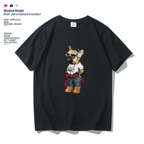 2023夏季新款音乐狗狗印花短袖t恤男青少年学生宽松纯棉圆领体恤图片