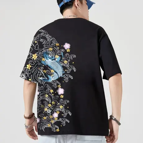 夏季新款潮牌中国风鲤鱼民族风刺绣个性宽松大码短袖t恤衫男纯棉商品大图
