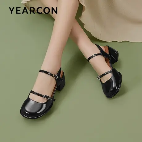 意尔康包头凉鞋女2023年夏款法式高跟鞋一字带仙女风粗跟玛丽珍鞋图片