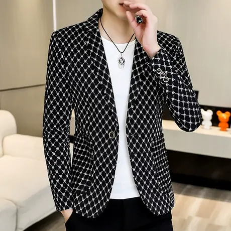 新款2023格子西装外套男士潮流韩版休闲时尚秋季痞帅气提花小西服商品大图