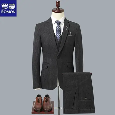 罗蒙秋冬条纹西服套装男士修身休闲西装三件套商务职业装结婚礼服商品大图