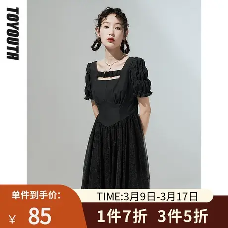 TOYOUTH初语连衣裙女夏季新款花边褶皱袖方领气质网纱小黑裙图片