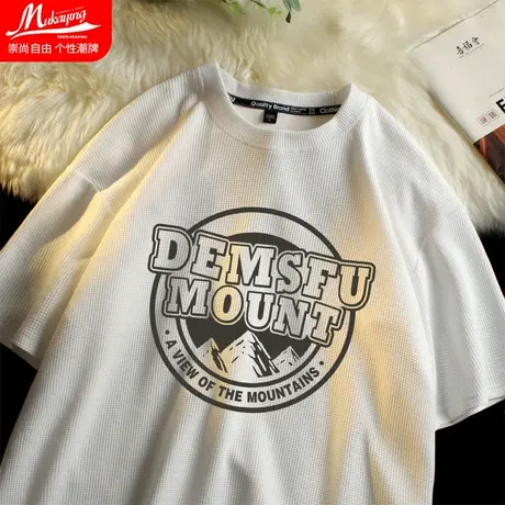 重磅华夫格t恤男短袖英文字母原创国潮情侣夏季上衣潮流学生体恤商品大图