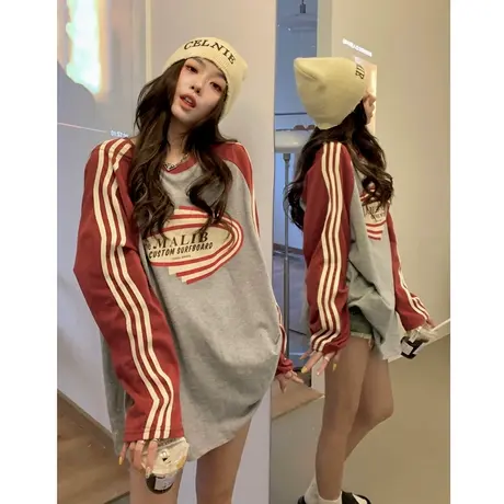 美式复古拼接条纹长袖T恤春季新款宽松大码中长款上衣女200斤胖mm图片