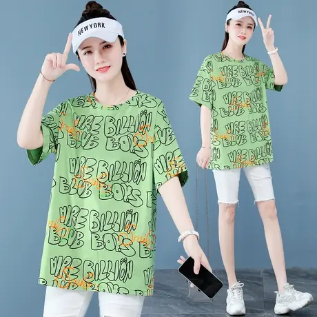 全棉宽松中长款t恤女2023年夏季新款时尚韩版大码女装半袖体恤衫商品大图