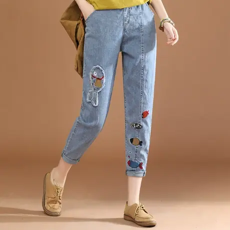 韩潮袭人松紧腰刺绣牛仔九分裤女2023夏季新款修身小脚哈伦裤薄商品大图