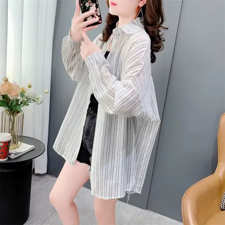 条纹长袖防晒衣衬衫女薄款2023新款夏季宽松洋气网红休闲外套上衣图片