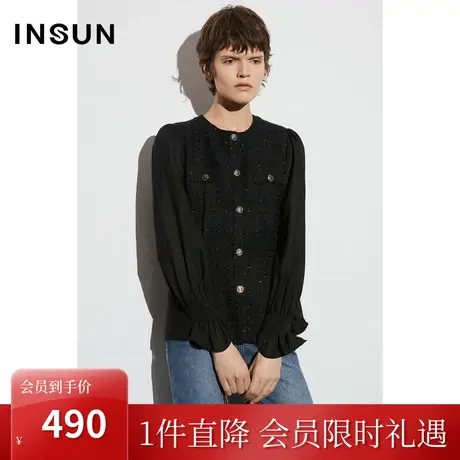 恩裳COVER2023春款新款亮丝格纹小香风肌理上衣袖子微透拼接衬衫图片