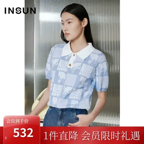 恩裳COVER2023夏装新款复古趣味提花柔软舒适肌理感POLO领针织衫商品大图