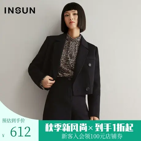 恩裳冬季全羊毛双排扣宽松短款小个子西装毛呢外套女图片