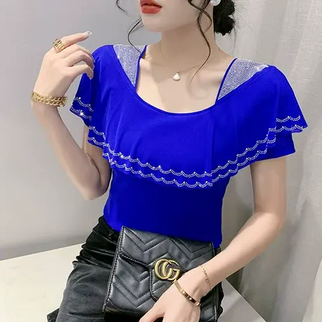 时尚烫钻荷叶边T恤女短袖2023夏装新款性感方领网纱小衫气质上衣商品大图