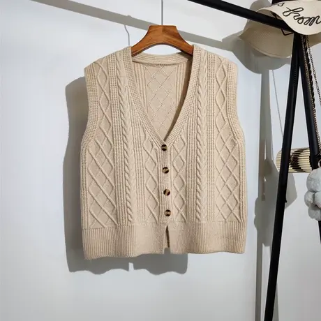 麻花针织马甲开衫女春秋新款宽松v领百搭学院风毛线背心上衣外穿图片