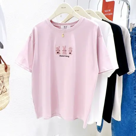小个子短袖正肩上衣2023夏季新款韩版高级感刺绣兔子T恤纯棉打底商品大图