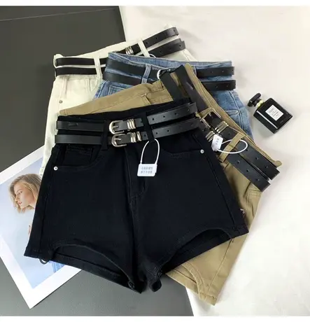 双腰带牛仔短裤女2023夏季新款显瘦百搭高腰裤弹力a字辣妹阔腿裤商品大图