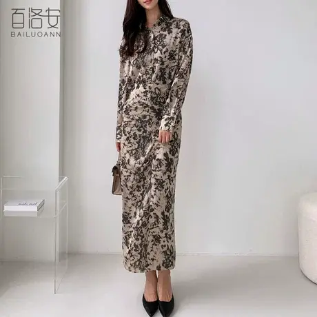 百洛安高腰褶皱开叉半身裙女复古豹纹印花包臀裙女秋季气质中长裙图片