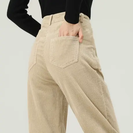 卡其色灯芯绒裤子女秋冬2023新款加绒女裤条绒九分休闲萝卜哈伦裤商品大图