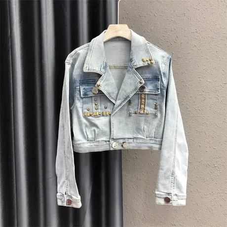 欧货2023年秋季新款蓝色设计感百搭长袖上衣夹克潮短款牛仔外套女图片