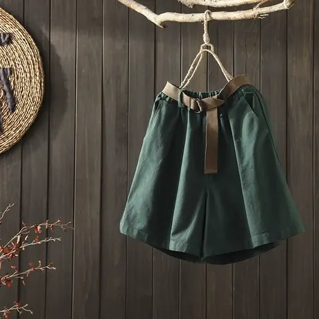 枫谜2020年夏季新款文艺复古纯色棉质高腰短裤女宽松显瘦阔腿裤图片