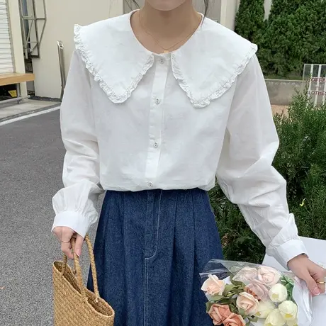 早春新款学生复古娃娃领宽松长袖白衬衫女设计感小众衬衣内搭上衣商品大图
