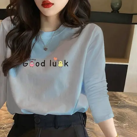 灰蓝色纯棉内搭长袖t恤女2023年春秋款打底衫学生宽松洋气上衣潮图片