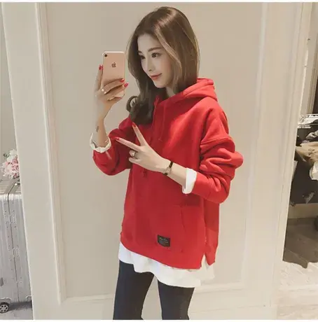 假两件早秋连帽卫衣女加绒加厚超火2023新款宽松上衣秋冬外套ins图片