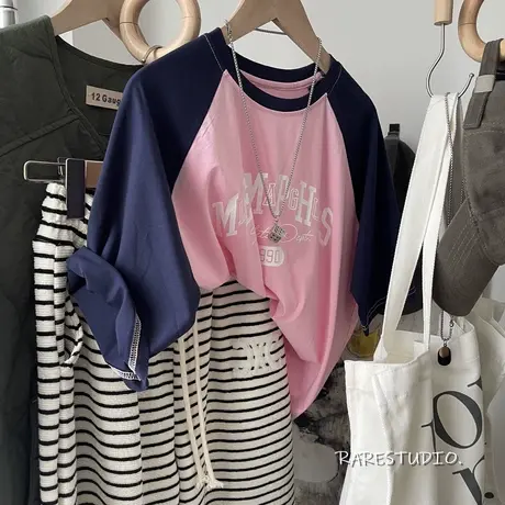 美式复古字母印花插肩袖撞色拼接减龄学院风半袖棉T恤夏季体恤女商品大图