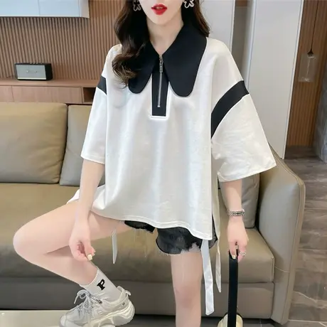 小众设计感短袖t恤女夏季韩版宽松撞色翻领polo衫半袖小个子上衣图片