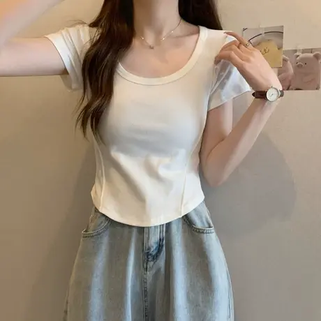 鱼骨设计感短袖t恤女2023年新款夏季修身纯欲甜辣风短款正肩上衣图片