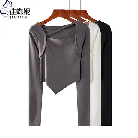 秋冬新款韩版方领修身短款不规则下摆纯色纯棉长袖体恤上衣内搭女商品大图