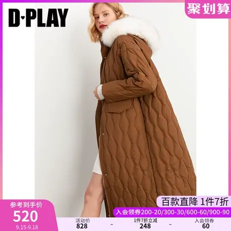 DPLAY秋装新款时尚休闲咖色落肩连帽高腰收腰中长款羽绒服商品大图