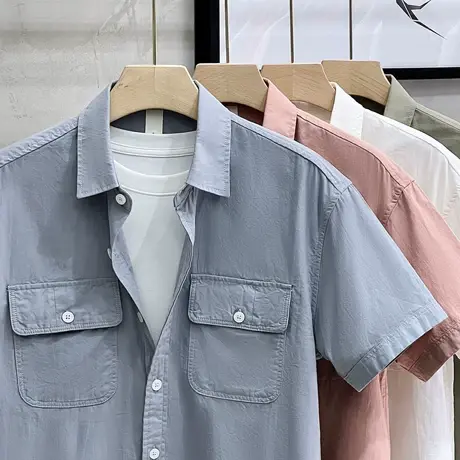 文艺工装男士短袖衬衫夏季韩版潮流休闲纯棉五分袖百搭衬衣男外穿商品大图