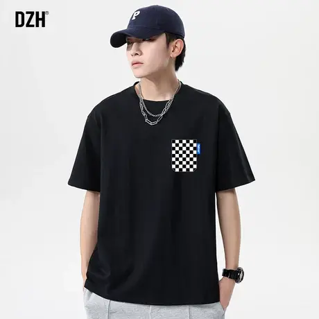 男士黑色奥代尔棉t恤男夏季薄款冰感休闲棋盘格印花短袖2023新款商品大图