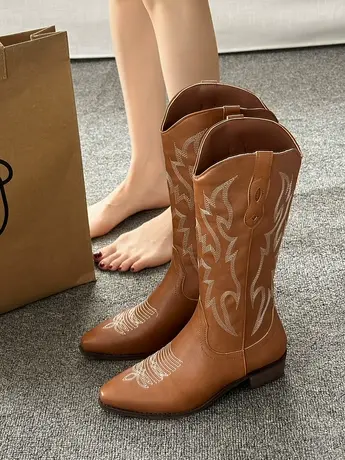 西部牛仔靴刺绣骑士靴中筒马丁靴切尔西靴长筒靴子女2023新款图片