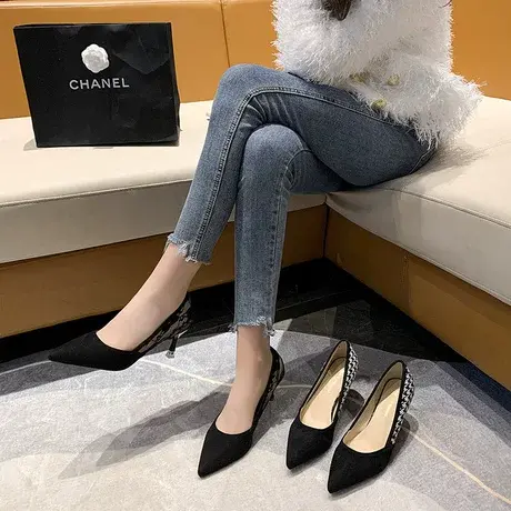 春季黑色尖头高跟鞋子女2023年新款春款蕾丝细跟浅口单鞋女百搭图片