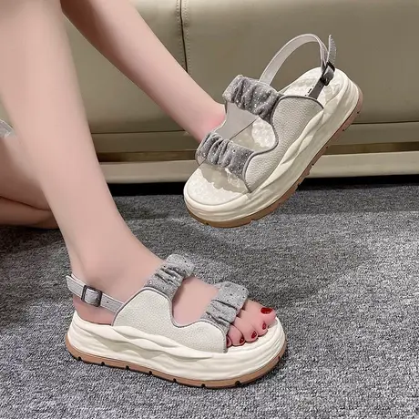 一字扣带凉鞋女2023新款夏季网红时尚露趾海边沙滩度假风舒适厚底图片