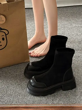 瘦瘦法式小短靴女春秋复古2023新款弹力鞋袜一体鞋厚底甜酷马丁靴图片