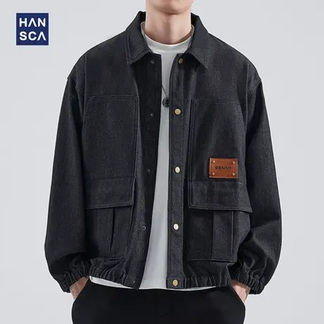 hansca秋季美式复古牛仔外套男士宽松撞色工装夹克长袖休闲上衣潮图片