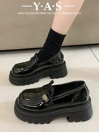 黑色厚底英伦风小皮鞋女2024春季新款复古百搭一脚蹬乐福鞋玛丽珍商品大图