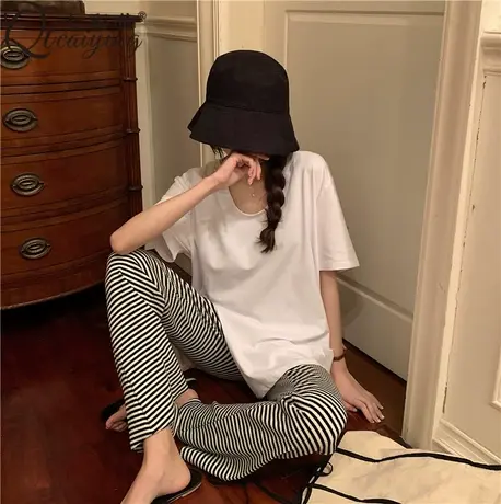 睡衣女春秋款2023新款宽松短袖长裤两件套装休闲家居服夏季可出门图片