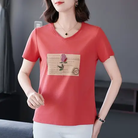 中老年妈妈装夏季新款V领短袖T恤衫重工艺精致刺绣宽松女装衬衫潮图片