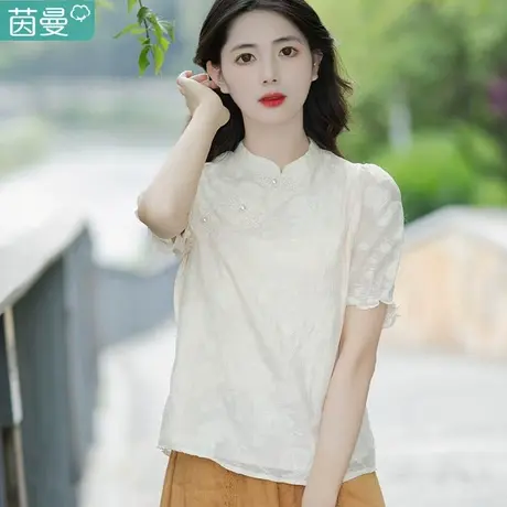 茵曼新中式国风短袖衬衣女2023年夏季新款手工盘扣泡泡袖衬衫上衣图片