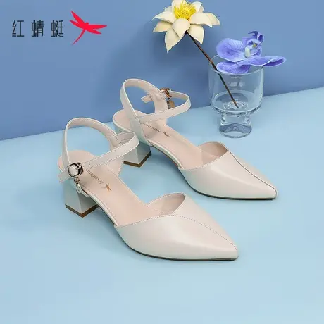 红蜻蜓尖头高跟凉鞋女2023夏季新款洋气女鞋百搭一字扣粗跟单鞋女商品大图
