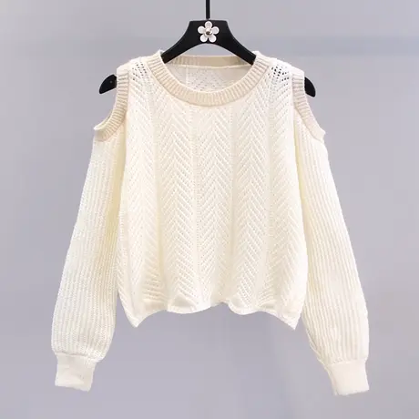 小清新露肩针织衫女春秋2023新款韩版时尚设计感短款长袖套头毛衣图片
