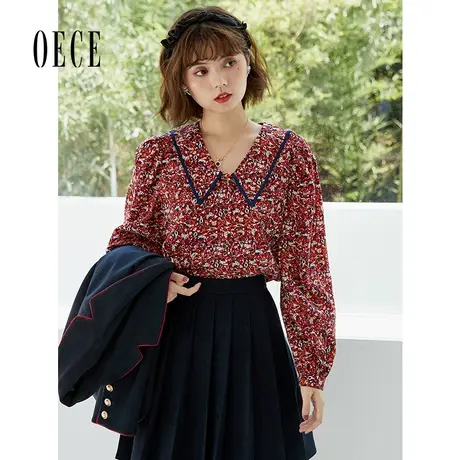 Oece复古碎花衬衫春秋新款女设计感气质衬衣甜美长袖上衣图片