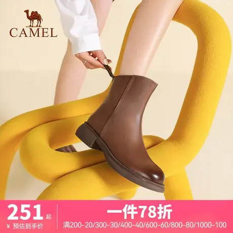 骆驼女鞋2024春季新款真皮靴子女棕色时装女靴马丁靴瘦瘦靴短靴女图片