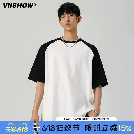 VIISHOW美式重磅插肩短袖t恤男夏季宽松撞色情侣纯棉打底衫男商品大图