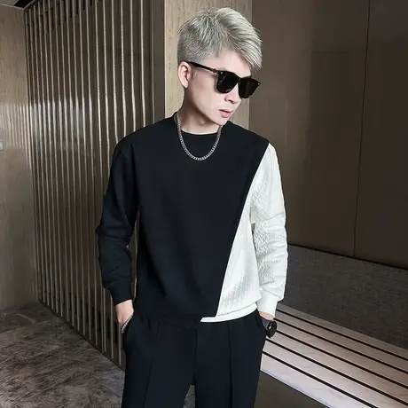 2023秋季新品上衣休闲韩版男撞色卫衣黑白套头秋装潮牌长袖衣服男商品大图