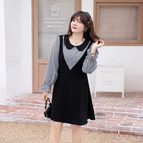 2023秋季新款格子假两件减龄气质显瘦大码胖ｍｍ遮肚子连衣裙桔梗图片